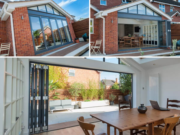 Open and closed bi-folding doors in a conservatory